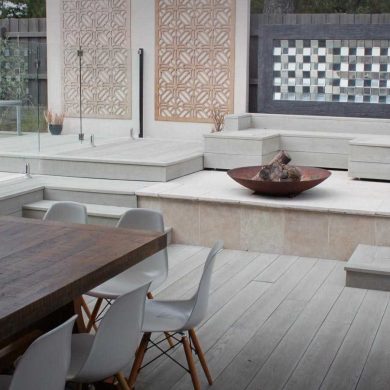 Millboard Limed Oak composite deck with matching built-in bench seat. Built in Nunawading.