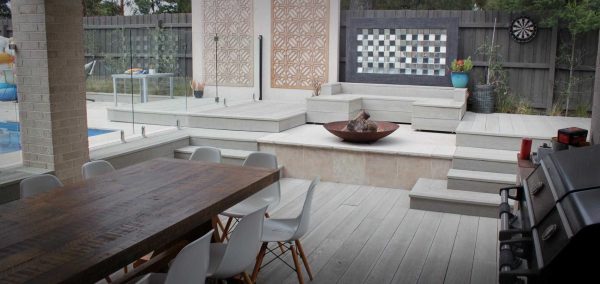 Millboard composite deck in Limed Oak with matching bench seat Millboard Limed Oak composite deck with matching built-in bench seat. Built in Nunawading.